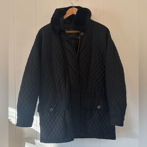 Vintage Express Barn/Chore Jacket Black Quilted Fur Trim Pockets Women’s XS